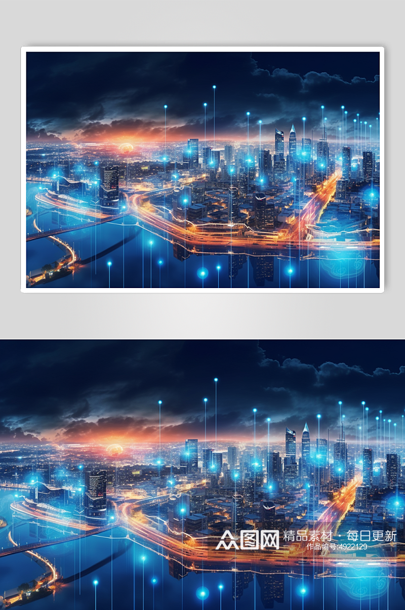 AI数字艺术绚丽科技化城市夜晚背景插画素材