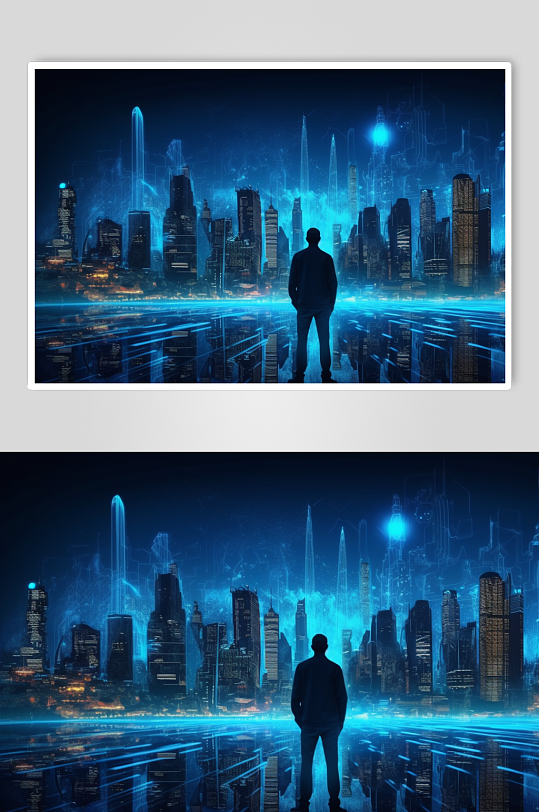 AI数字艺术手绘科技化城市夜晚背景插画
