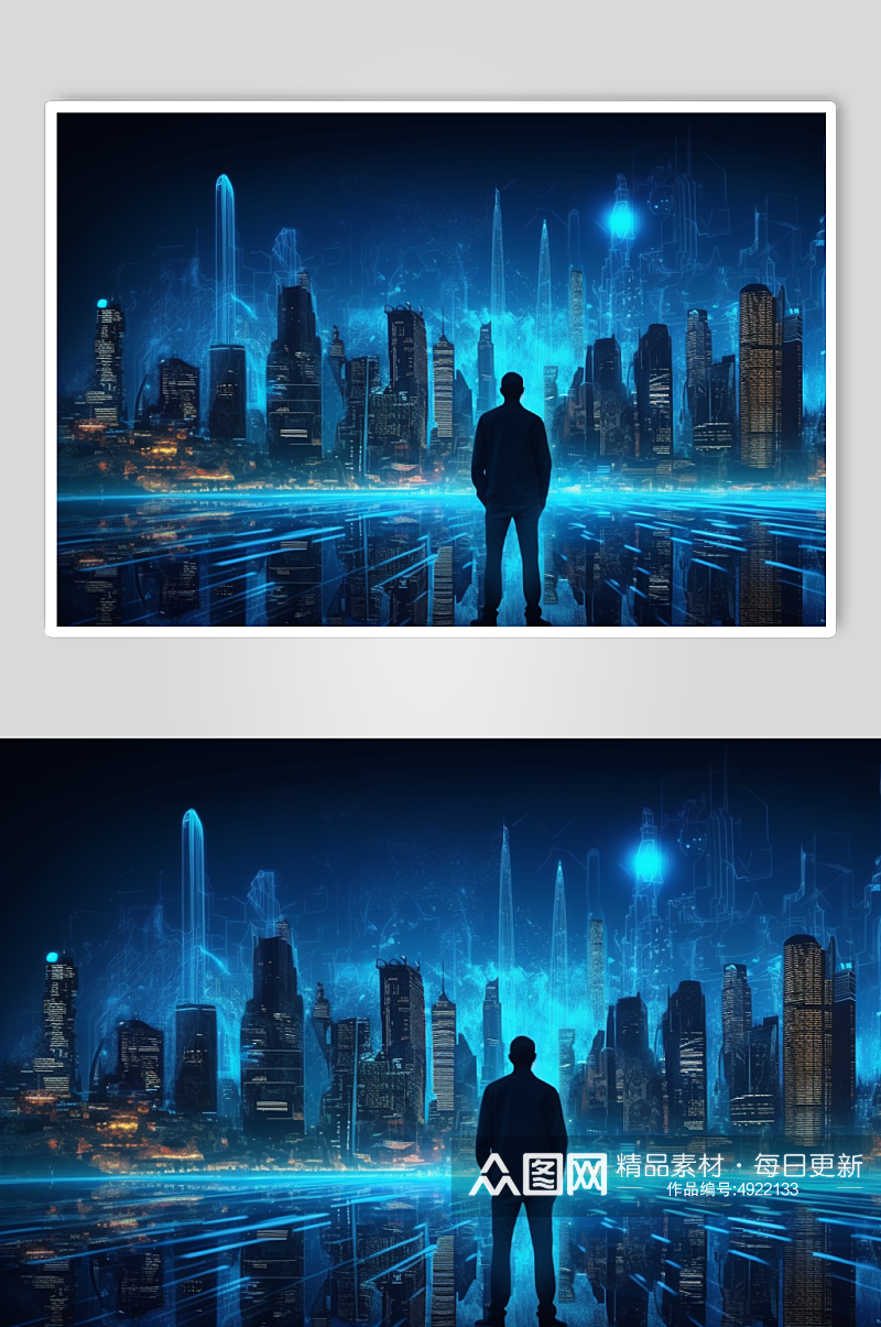 AI数字艺术手绘科技化城市夜晚背景插画素材