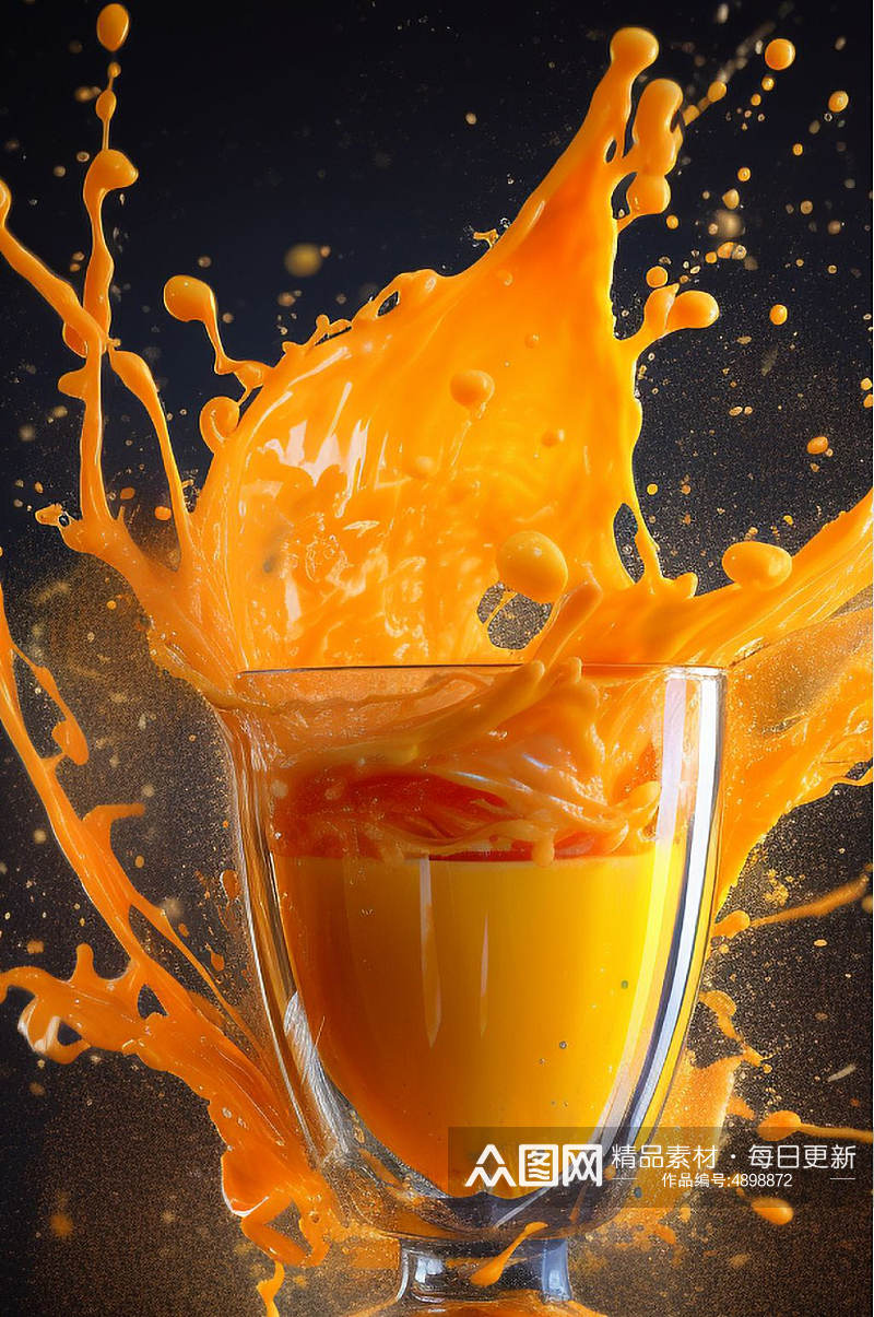 AI数字艺术创意橙子果汁液体飞溅模型元素素材