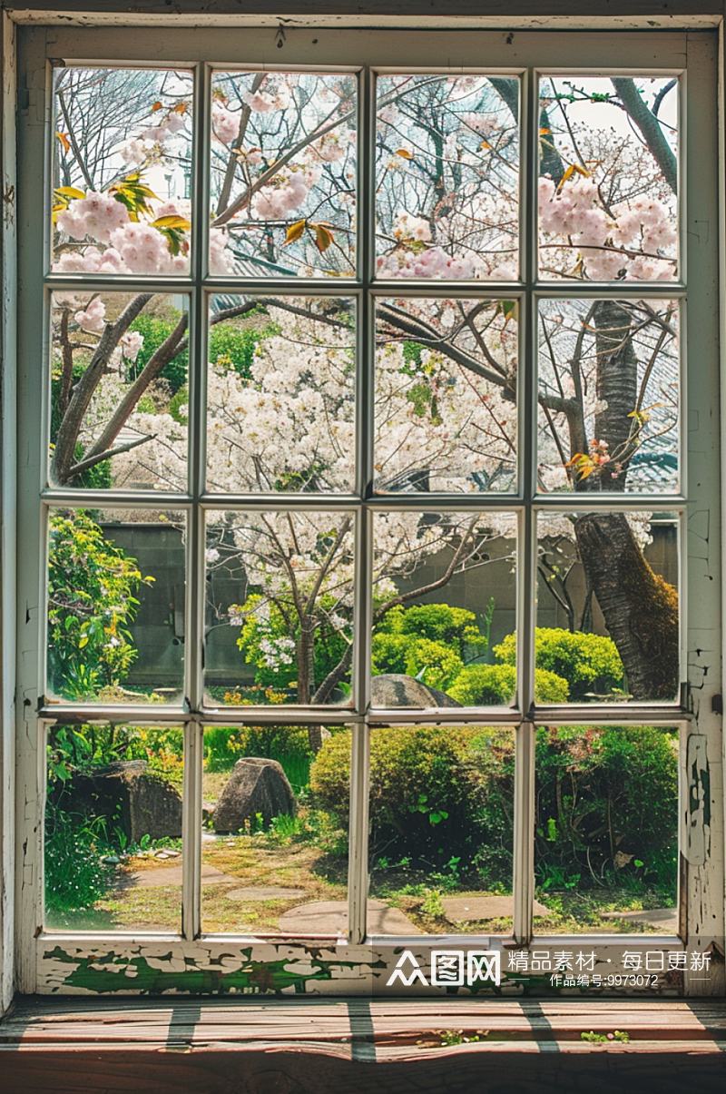AI数字艺术窗外春天春季风景摄影图素材