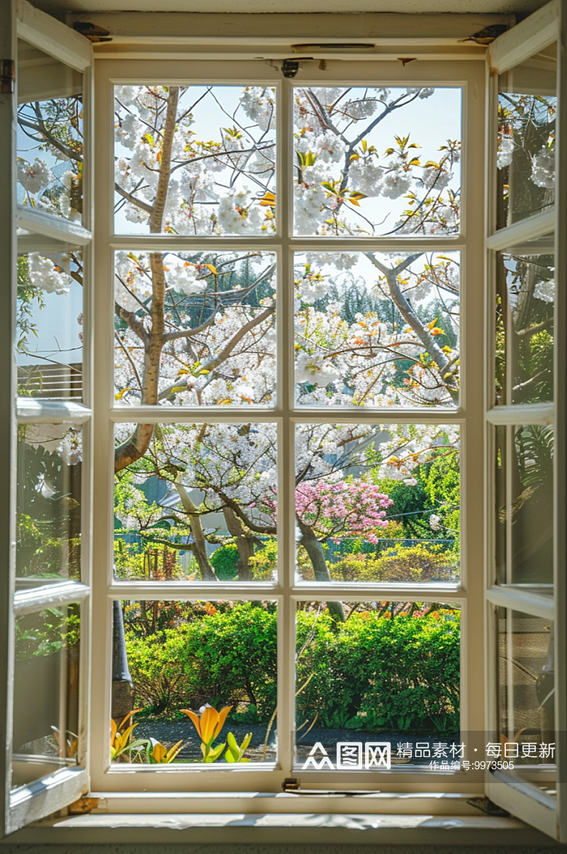 AI数字艺术窗外春天春季风景摄影图素材