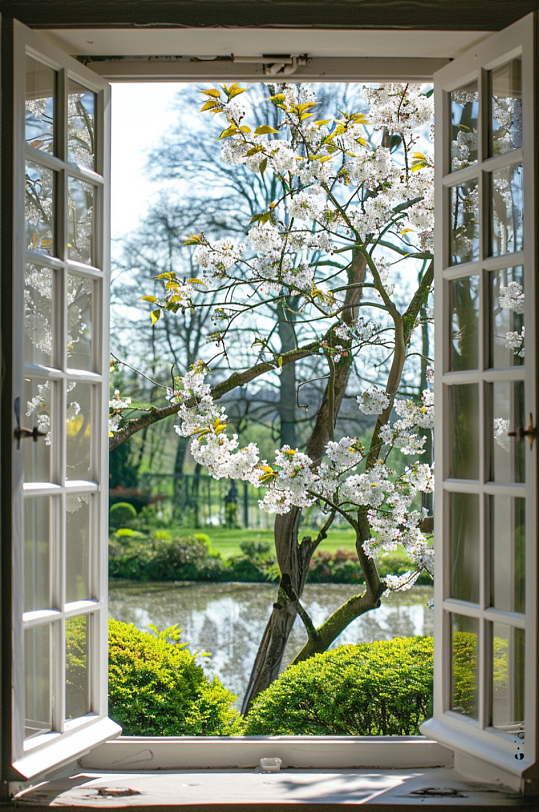 AI数字艺术窗外春天春季风景摄影图-众图网