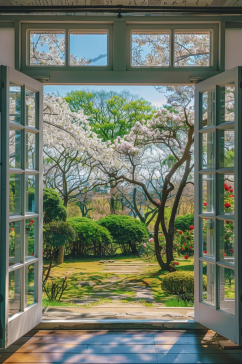 AI数字艺术窗外春天春季风景摄影图