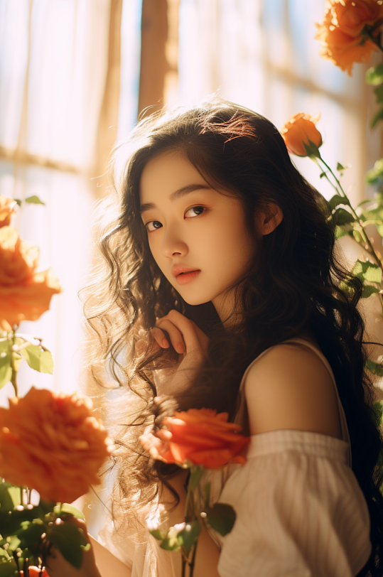 AI数字艺术三八妇女节春季鲜花少女医美肖像人物摄影图