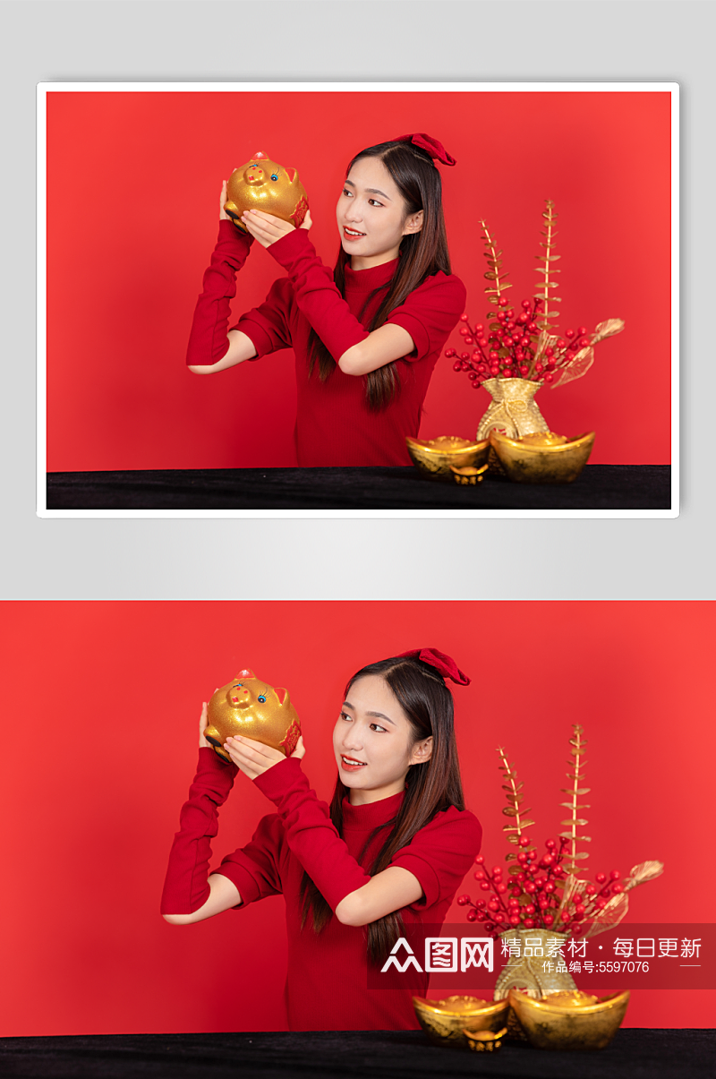 针织衫国潮新中式春节美女人物摄影图片素材