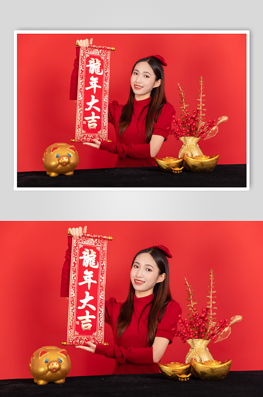 龙年针织衫国潮新中式春节美女人物摄影图片-众图网