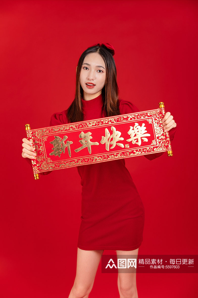 针织衫国潮新中式春节美女人物摄影图片素材