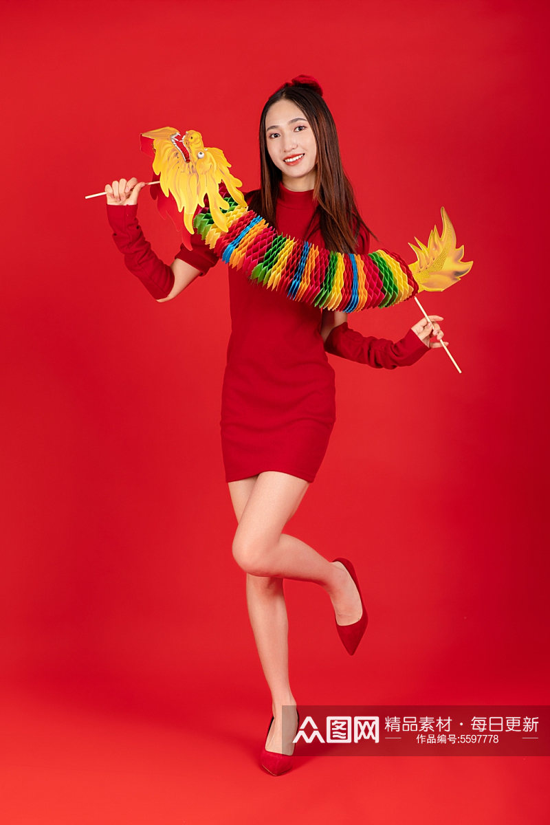 龙年针织衫国潮新中式春节美女人物摄影图片素材