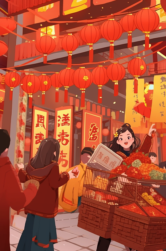 AI数字艺术新年春节年货节买年货插画