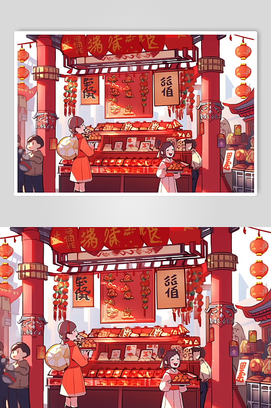 AI数字艺术新年春节年货节买年货插画