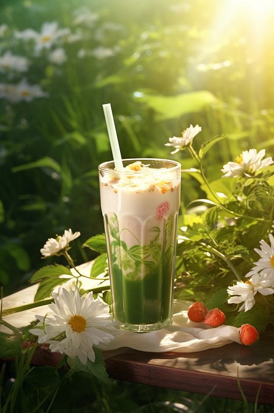 AI数字艺术春季春天奶茶摄影图