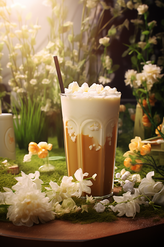 AI数字艺术春季春天奶茶摄影图