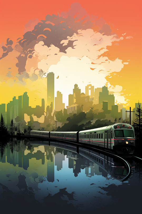 AI数字艺术春运火车城市渐变剪影建筑插画