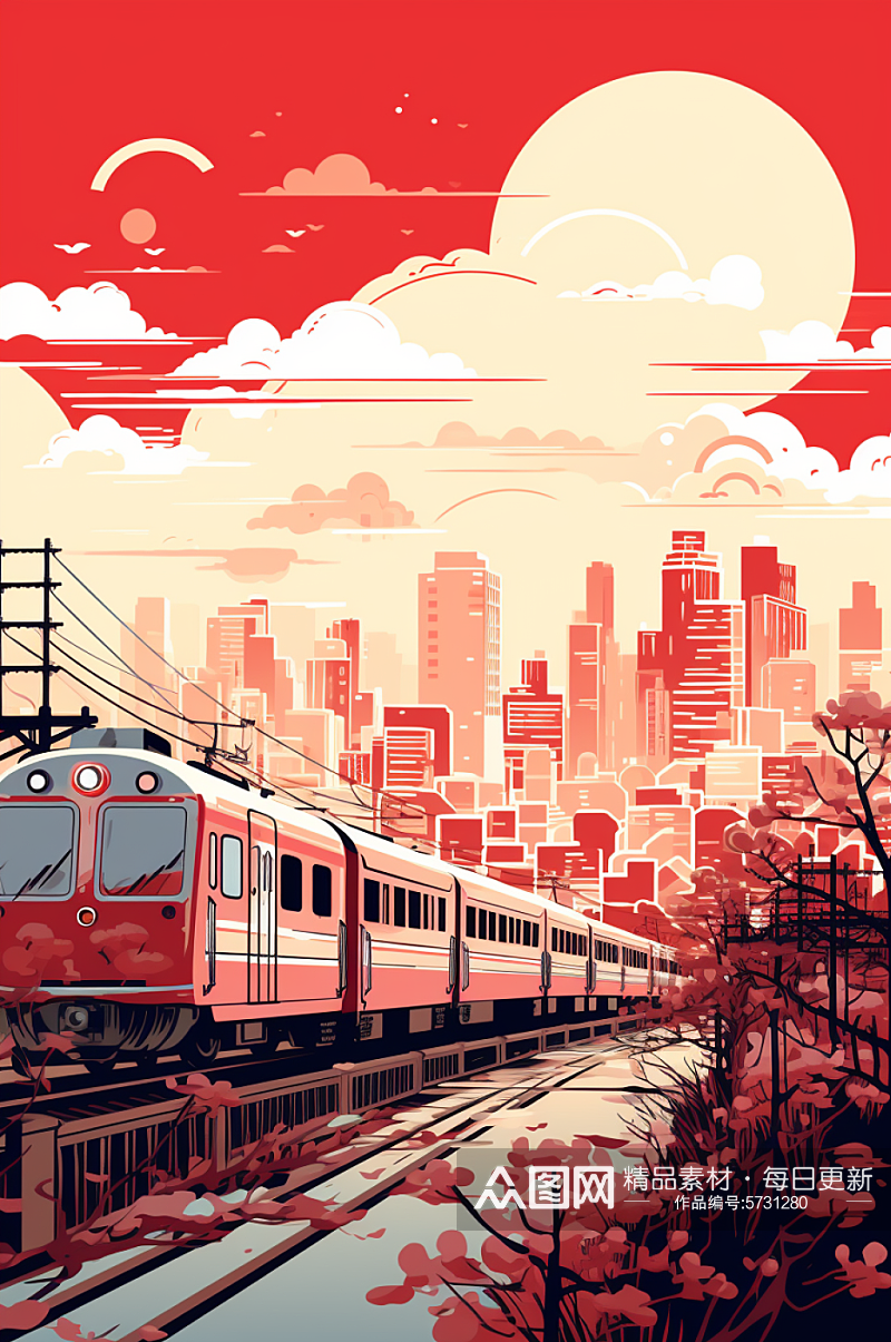 AI数字艺术春运火车城市渐变剪影建筑插画素材