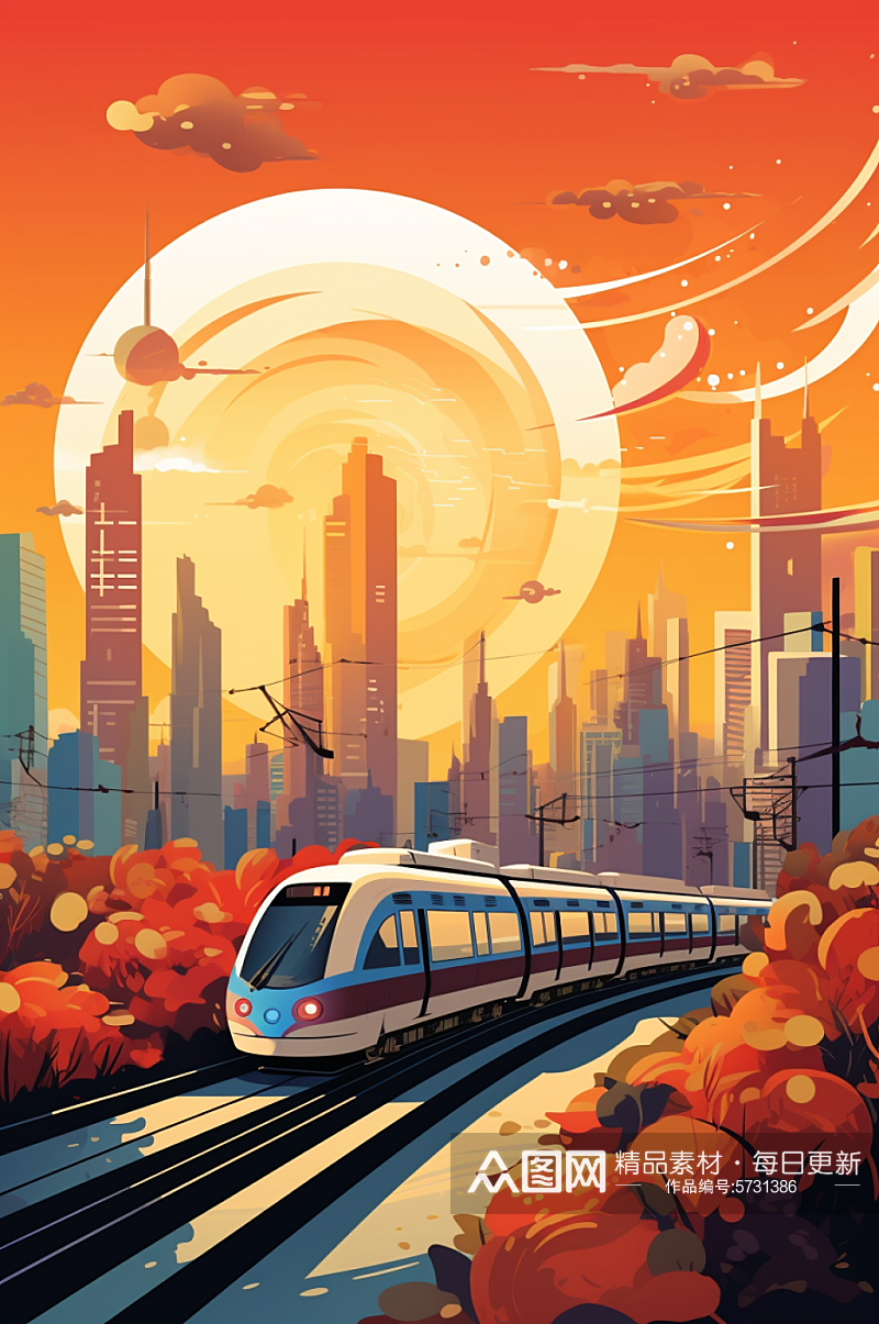AI数字艺术春运火车城市渐变剪影建筑插画素材