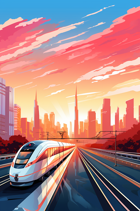 AI数字艺术春运火车城市渐变剪影建筑插画