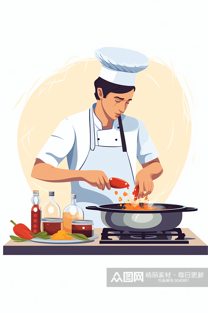 AI数字艺术扁平化厨师做饭职业人物插画素材
