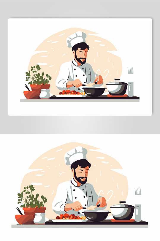 AI数字艺术扁平化厨师做饭职业人物插画