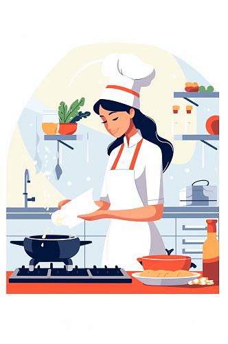 AI数字艺术扁平化厨师做饭职业人物插画