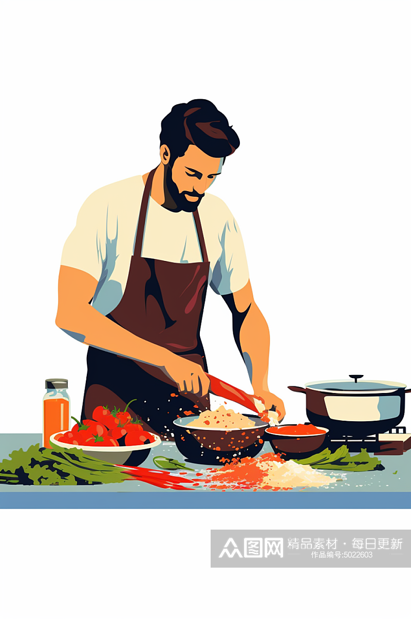AI数字艺术扁平化厨师做饭职业人物插画素材