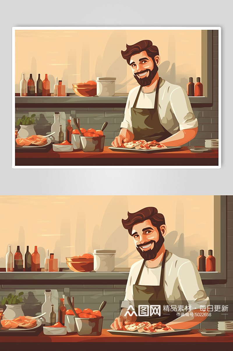 AI数字艺术扁平化卡通厨师做饭人物插画素材