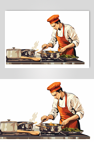 AI数字艺术扁平化卡通厨师做饭人物插画
