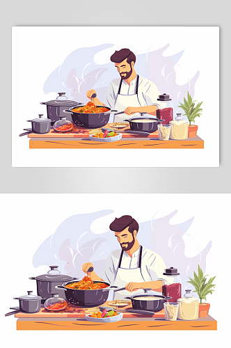 AI数字艺术扁平化卡通厨师做饭人物插画