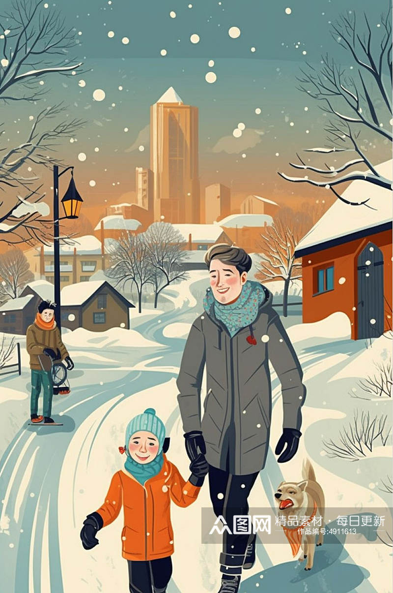 AI数字艺术创意雪中散步大寒插画素材