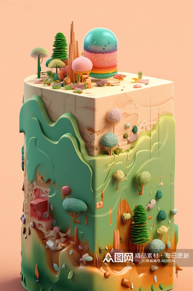AI数字艺术创意蛋糕植物花草森林场景模型素材