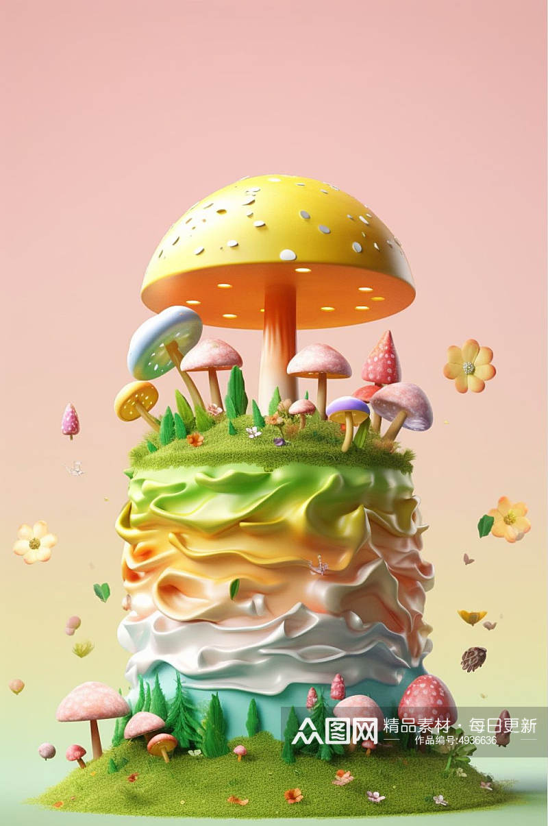 AI数字艺术创意蛋糕植物花草森林场景模型素材