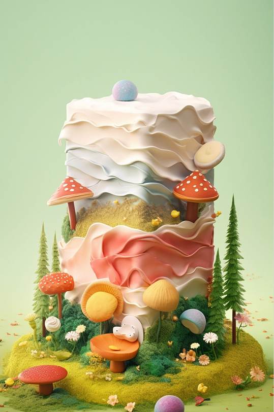 AI数字艺术创意蛋糕植物花草森林场景模型