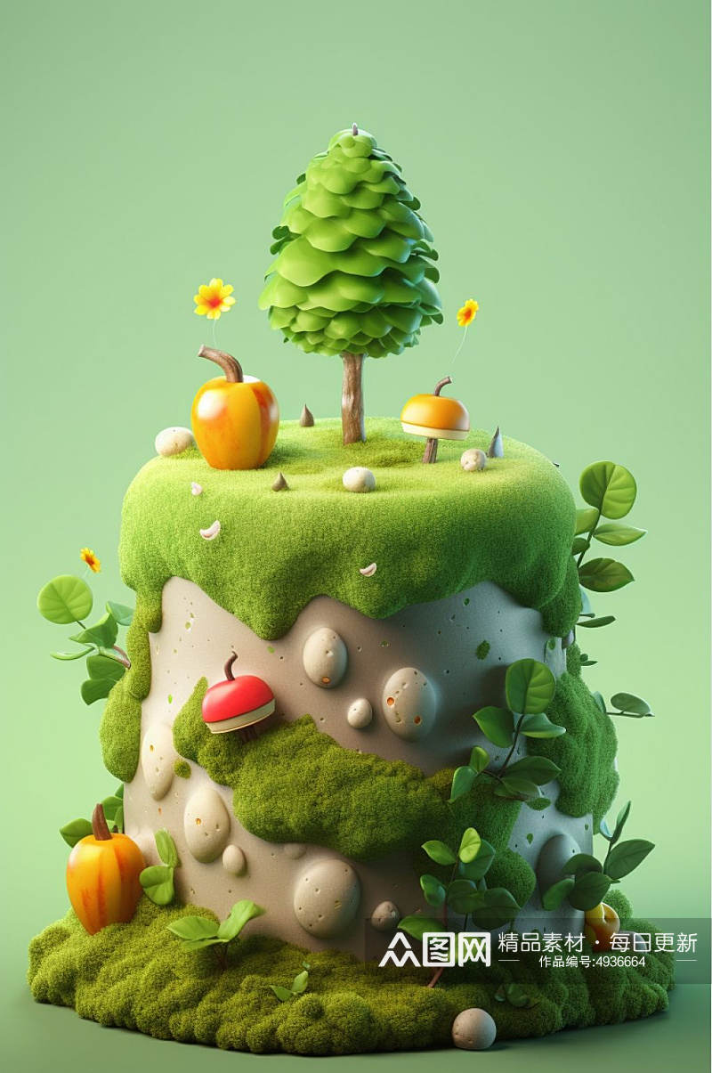 AI数字艺术原创蛋糕植物花草森林场景模型素材