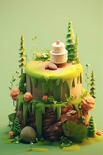 AI数字艺术原创蛋糕植物花草森林场景模型