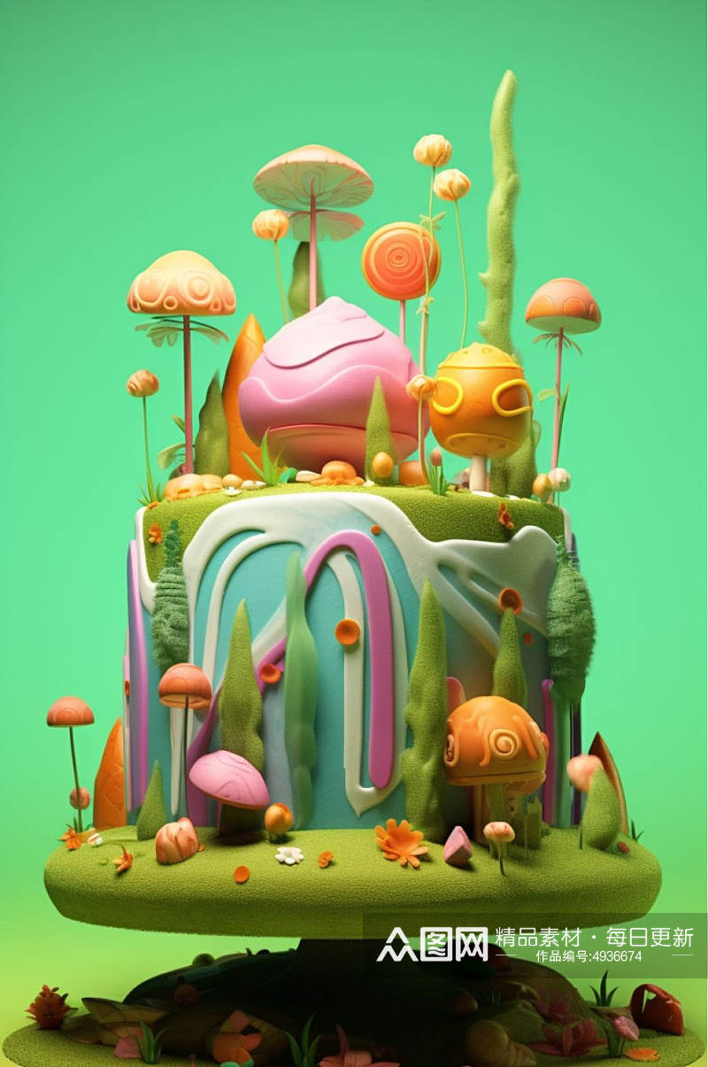 AI数字艺术高清蛋糕植物花草森林场景模型素材