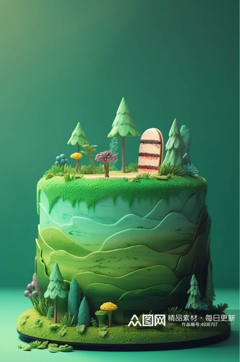 AI数字艺术手绘蛋糕植物花草森林场景模型素材