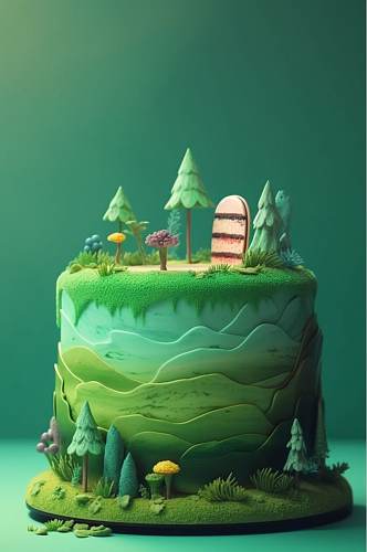 AI数字艺术手绘蛋糕植物花草森林场景模型