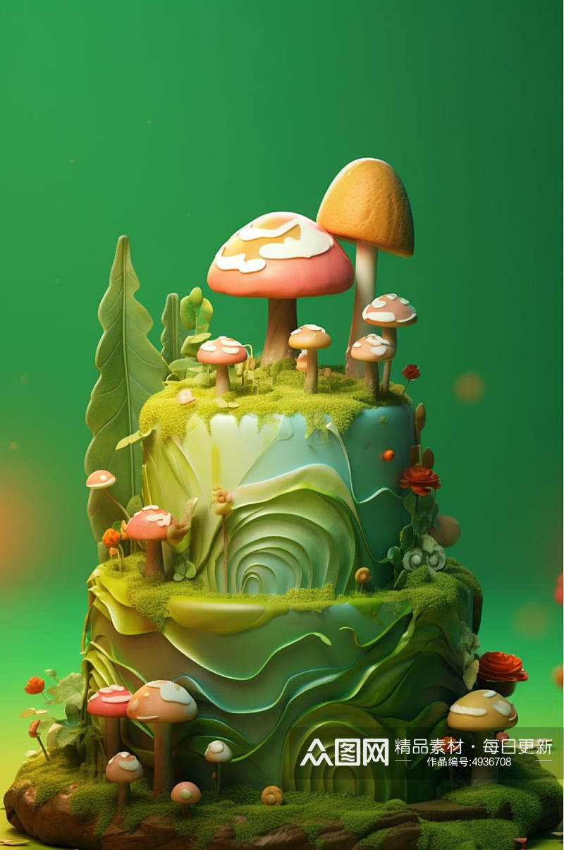 AI数字艺术手绘蛋糕植物花草森林场景模型素材