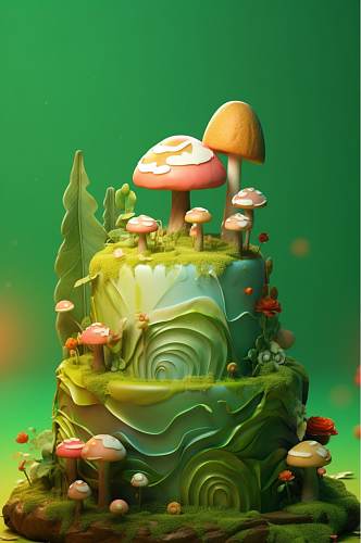 AI数字艺术手绘蛋糕植物花草森林场景模型