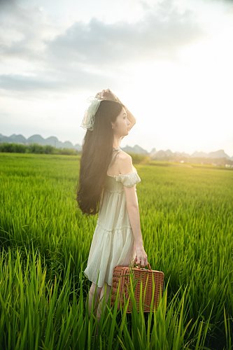 露肩短袖连衣裙夏季稻田女生人物摄影图片