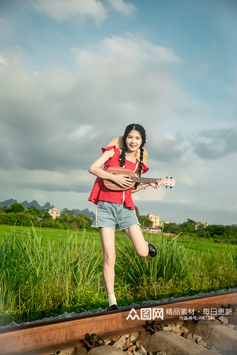 系带蝴蝶结吊带夏季稻田女生人物摄影图片素材