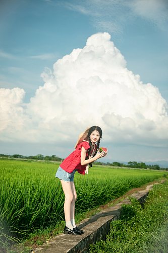 系带蝴蝶结吊带夏季稻田女生人物摄影图片