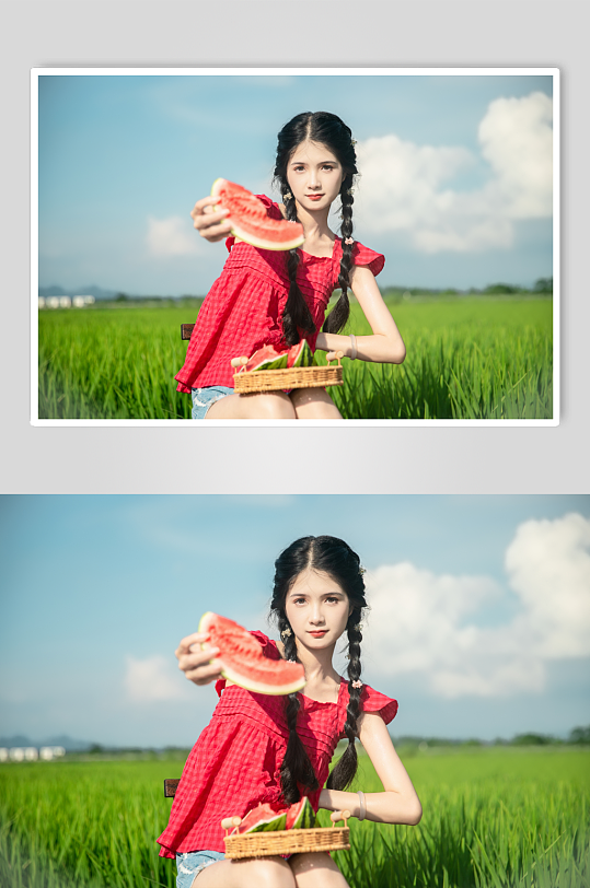 系带蝴蝶结吊带夏季稻田女生人物摄影图片-众图网