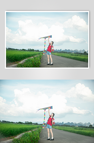 系带蝴蝶结吊带夏季稻田女生人物摄影图片