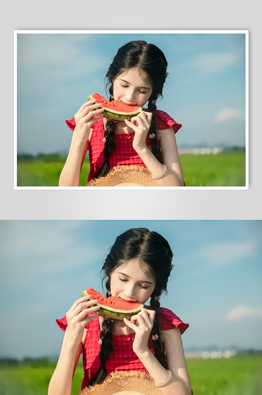 系带蝴蝶结吊带夏季稻田女生人物摄影图片-众图网