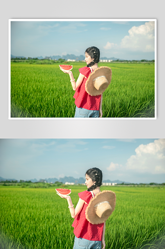 系带蝴蝶结吊带夏季稻田女生人物摄影图片