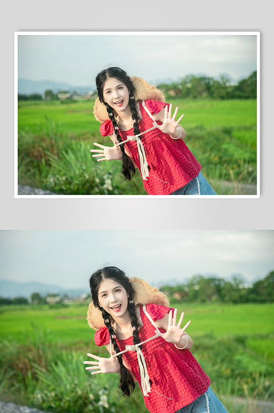 系带蝴蝶结吊带夏季稻田女生人物摄影图片