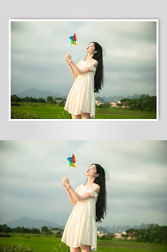 小清新连衣裙夏季稻田女生人物摄影图片