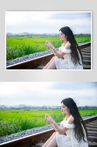 夏日白连衣裙少女稻田人物摄影图片