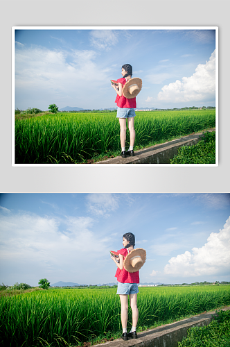 夏日红衣青春少女稻田人物摄影图片